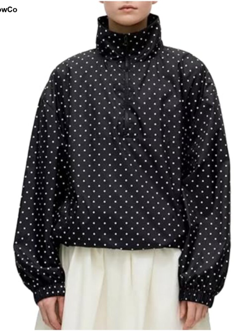Women's Polka Dot Quarter Zip Cropped Pullover Top with Pockets